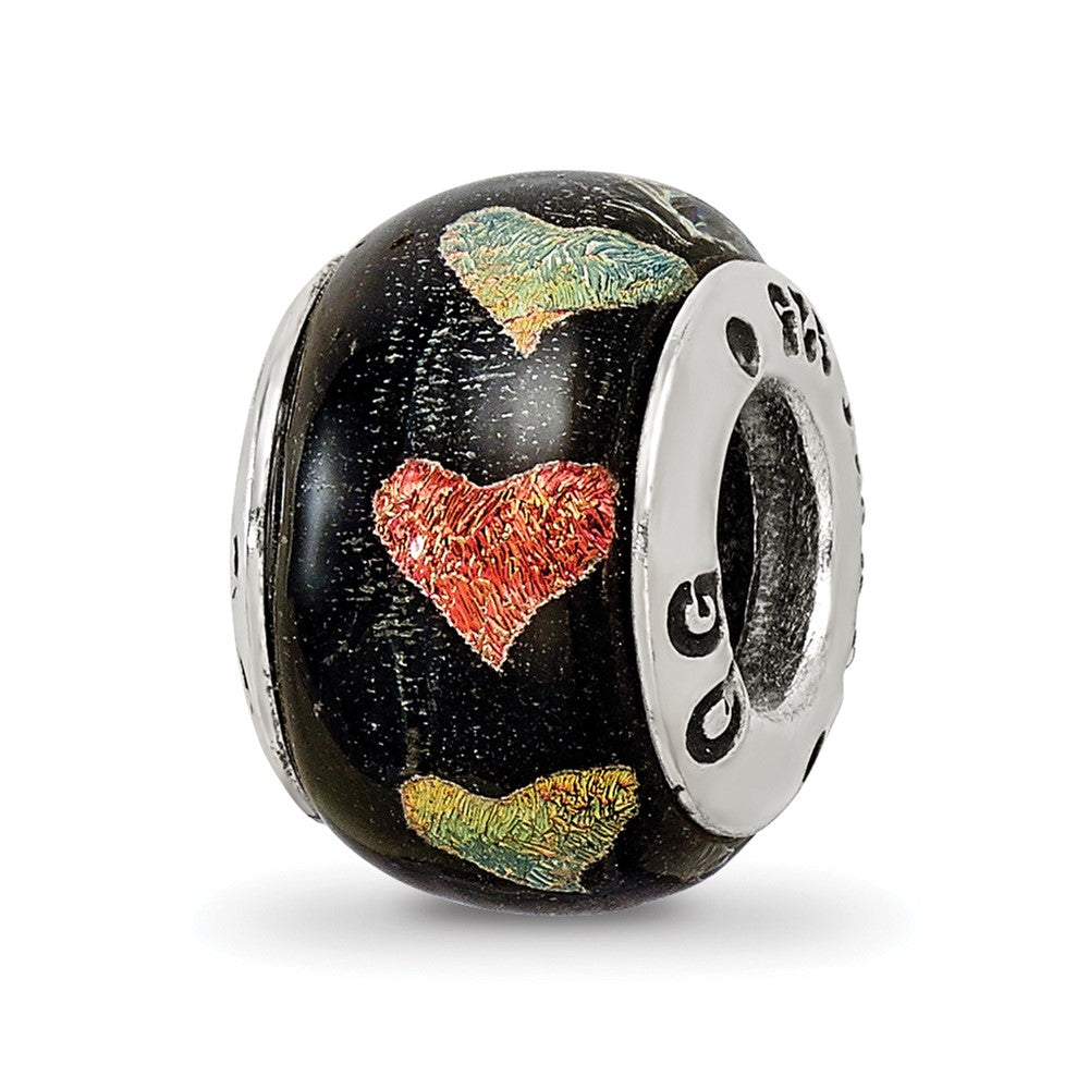 Sterling Silver Reflections Orange/Green Hearts Dichroic Glass Bead, 12.73 x 9.09 mm