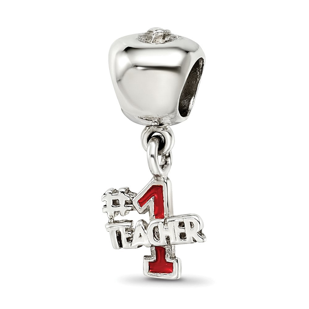 Sterling Silver Reflections Apple w/Enameled #1 Teacher Dangle Bead, 18.18 x 7.27 mm