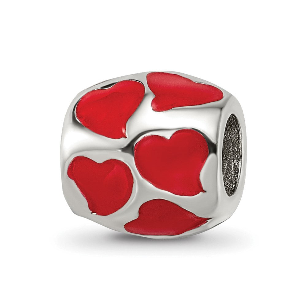 Sterling Silver Reflections Red Enameled Hearts Bead, 9.09 x 9.09 mm