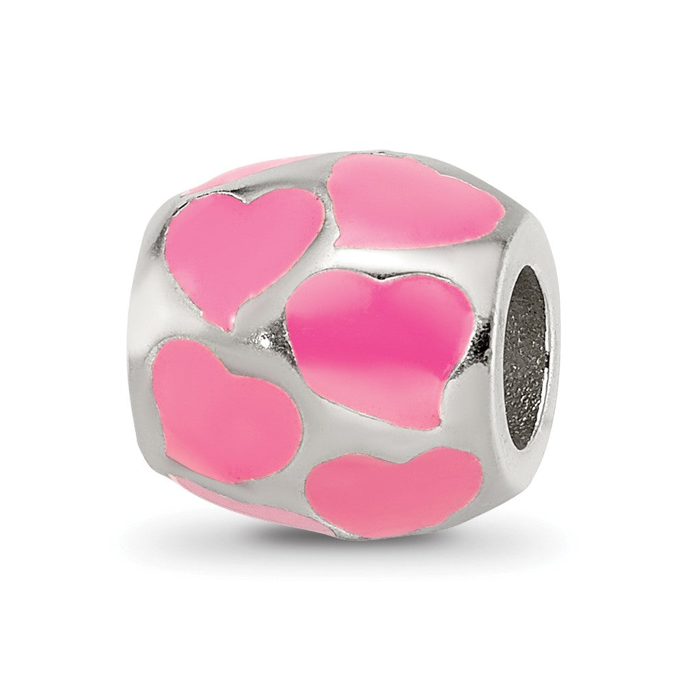 Sterling Silver Reflections Pink Enameled Hearts Bead, 9.09 x 9.09 mm