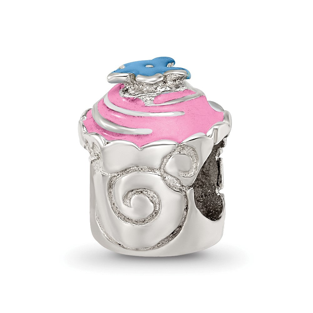 Sterling Silver Reflections Pink Enameled Cupcake Bead, 9.09 x 8.18 mm
