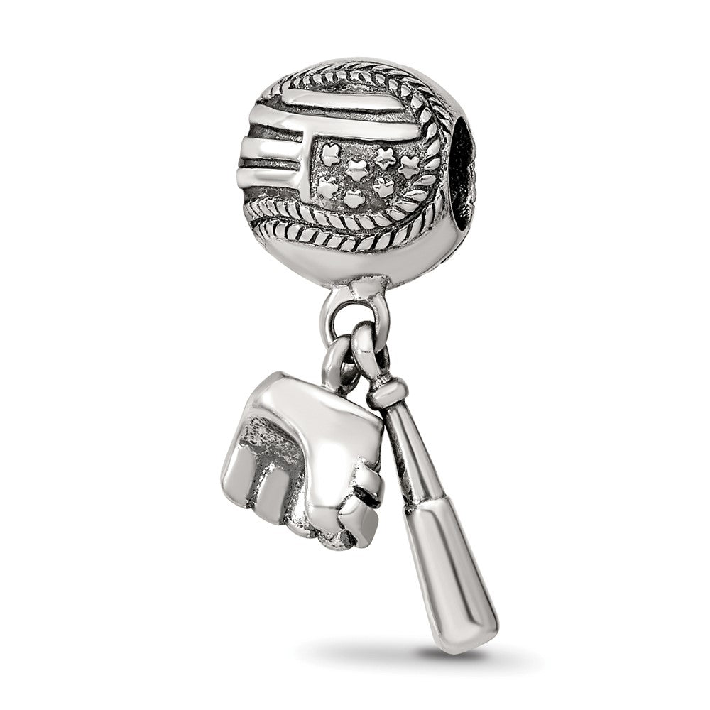 Sterling Silver Reflections Baseball Glove & Bat Dangle Bead, 19.09 x 9.09 mm
