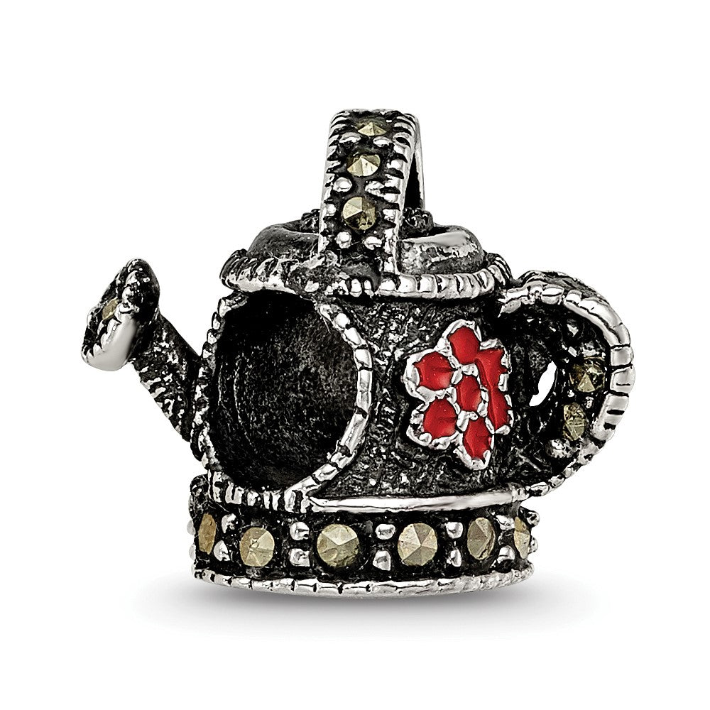 Sterling Silver Reflections Enameled Marcasite Watering Can Bead, 10.91 x 8.18 mm