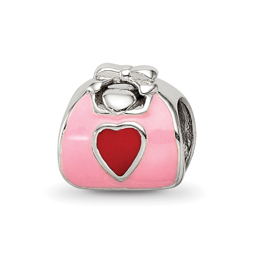 Sterling Silver Reflections Pink/Red Enameled Purse Bead, 8.18 x 8.18 mm