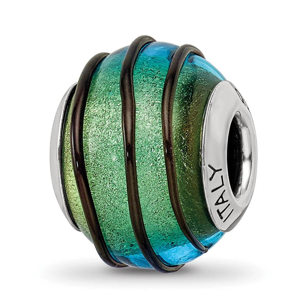 Sterling Silver Reflections Teal w/Black Stripes Italian Murano Bead, 12.73 x 10 mm
