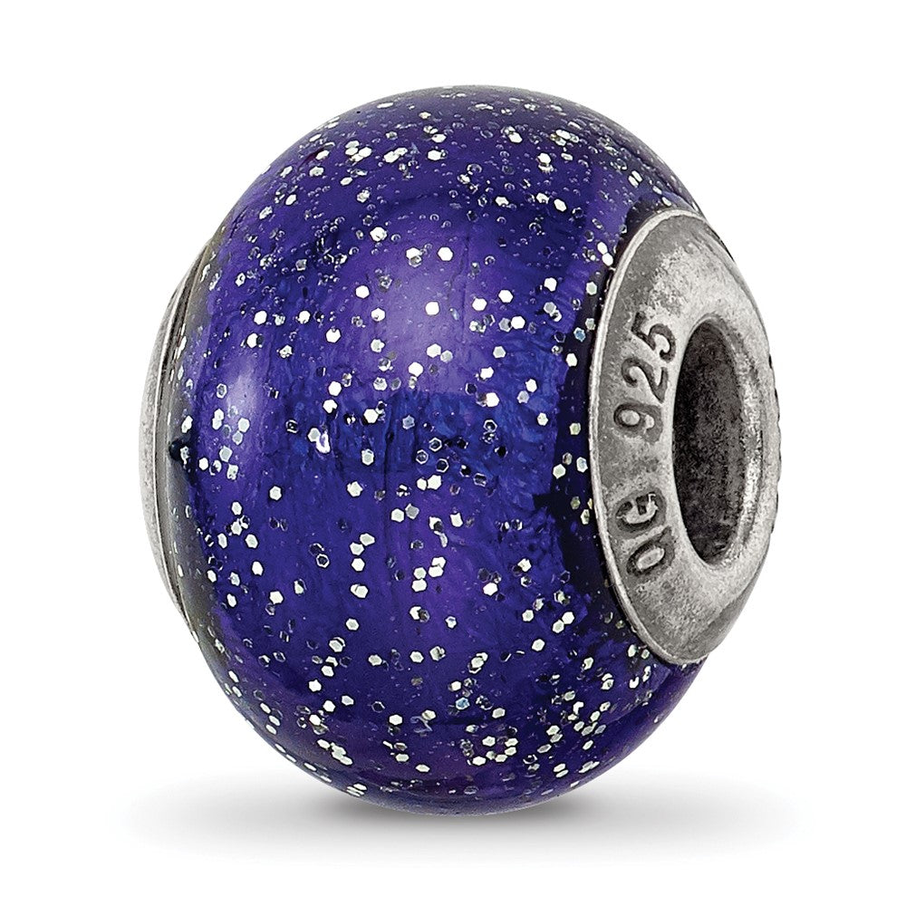 Sterling Silver Reflections Dark Blue w/Silver Glitter Italian Murano Bead, 12.73 x 9.09 mm