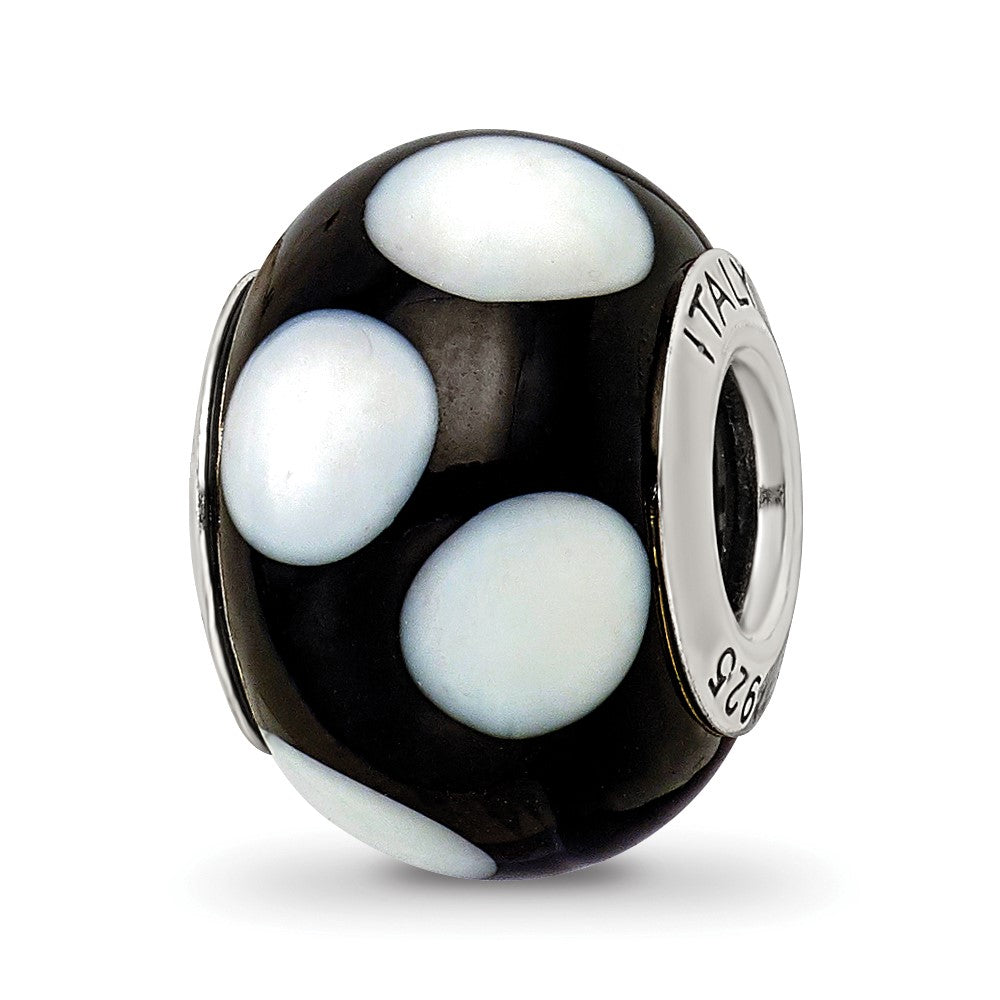 Sterling Silver Reflections Black w/White Dots Italian Murano Bead, 12.73 x 10 mm