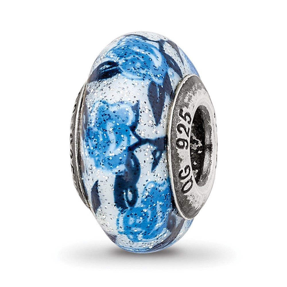 Sterling Silver Reflections Blue Rose Glitter Overlay Glass Bead, 12.73 x 7.27 mm