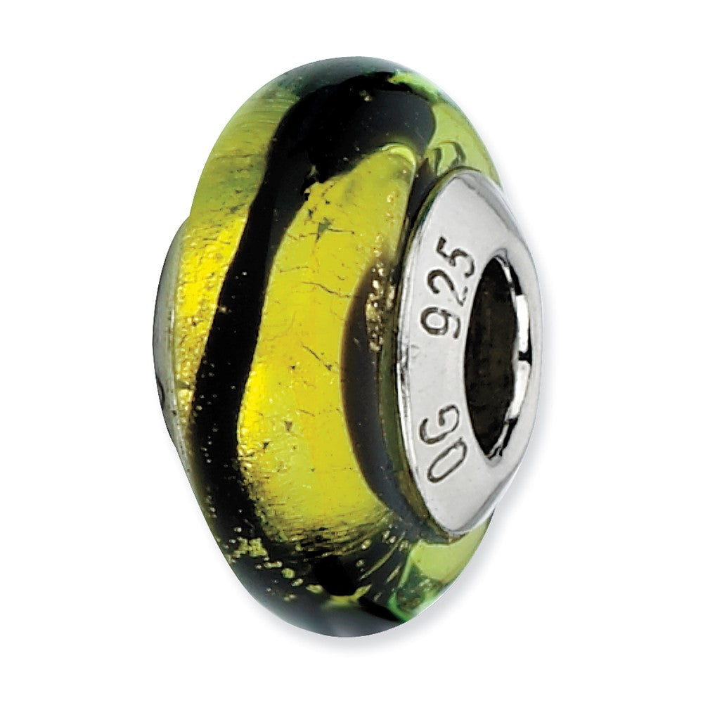 Sterling Silver Reflections Lime/Black Stripes Italian Murano Bead, 13.64 x 7.27 mm