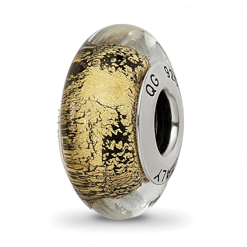 Sterling Silver Reflections Black/Gold Italian Murano Glass Bead, 13.64 x 7.27 mm