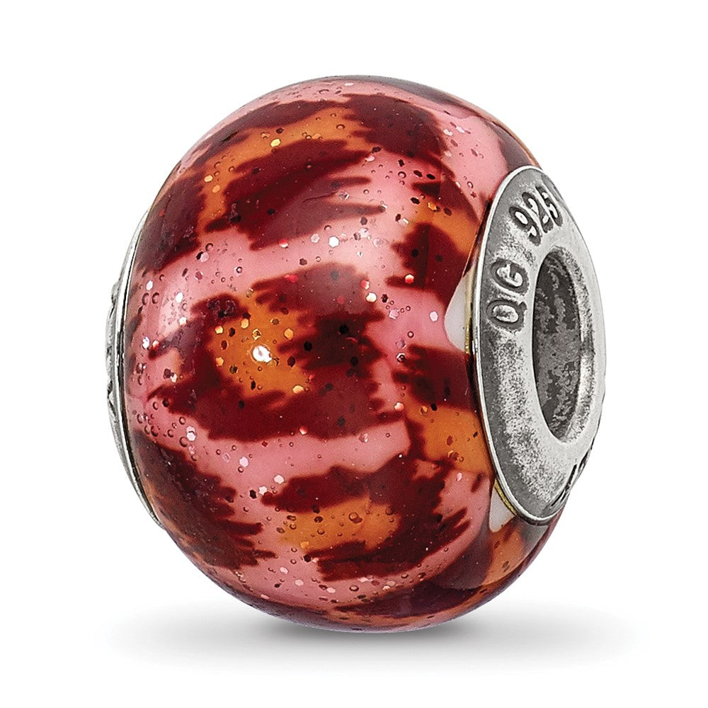 Sterling Silver Reflections Pink & Brown w/Glitter Overlay Glass Bead, 12.73 x 10 mm