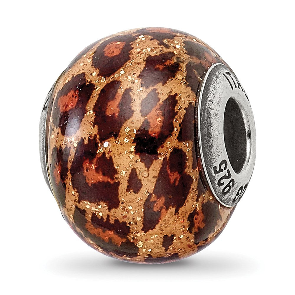 Sterling Silver Reflections Brown Jaguar Glitter Overlay Glass Bead, 12.73 x 10 mm
