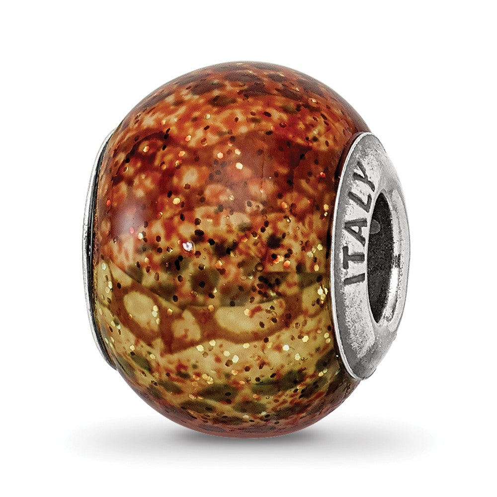 Sterling Silver Reflections Lt Brown Python Glitter Overlay Glass Bead, 12.73 x 10 mm