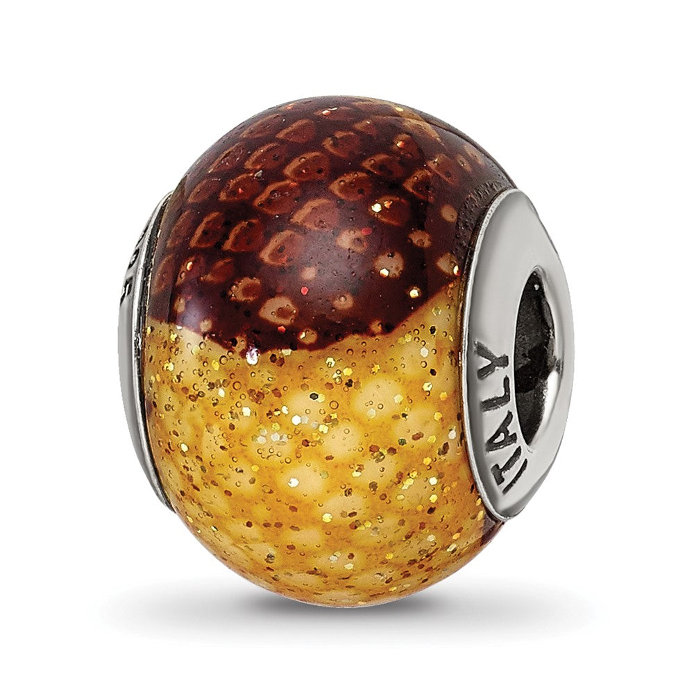 Sterling Silver Reflections Brown/Yellow Glitter Overlay Glass Bead, 12.73 x 10 mm