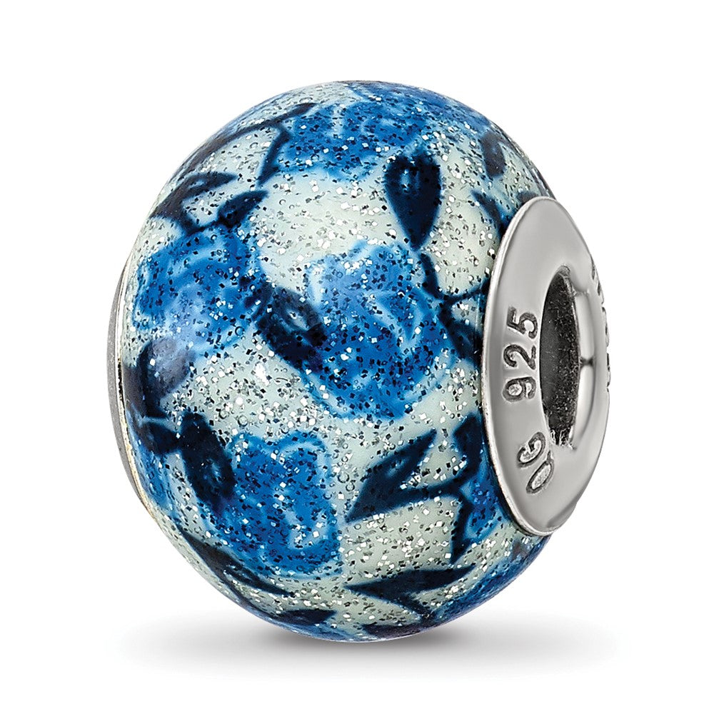 Sterling Silver Reflections Blue Rose Glitter Overlay Glass Bead, 12.73 x 10 mm