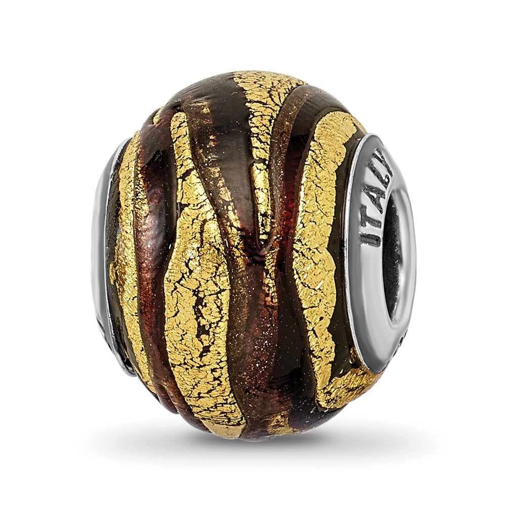Sterling Silver Reflections Italian Brown & Gold Colored Glass Bead, 12.73 x 10 mm