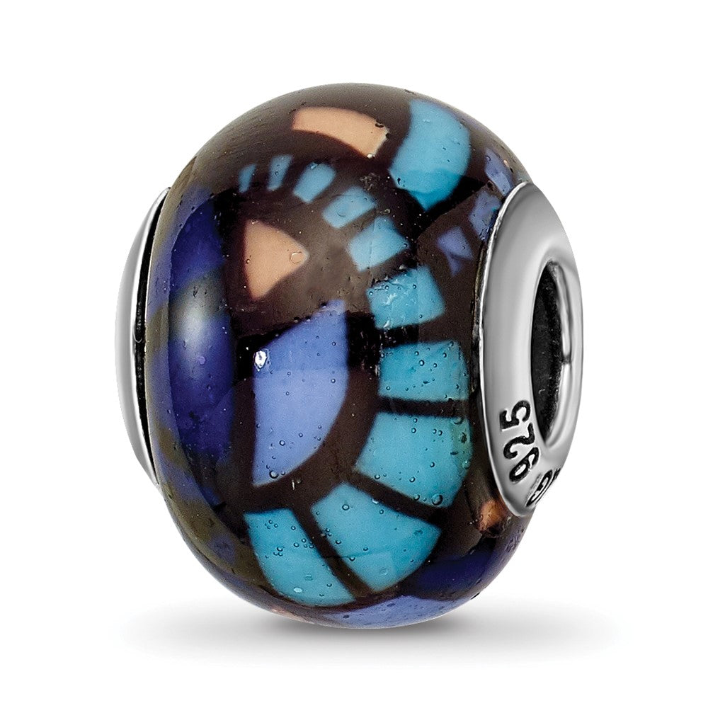 Sterling Silver Reflections Italian Blue Decorative Overlay Glass Bead, 12.73 x 10 mm