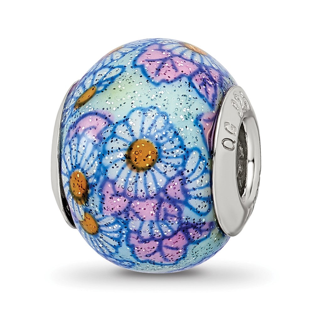 Sterling Silver Reflections Italian Blue Floral Overlay Glass Bead, 12.73 x 10 mm