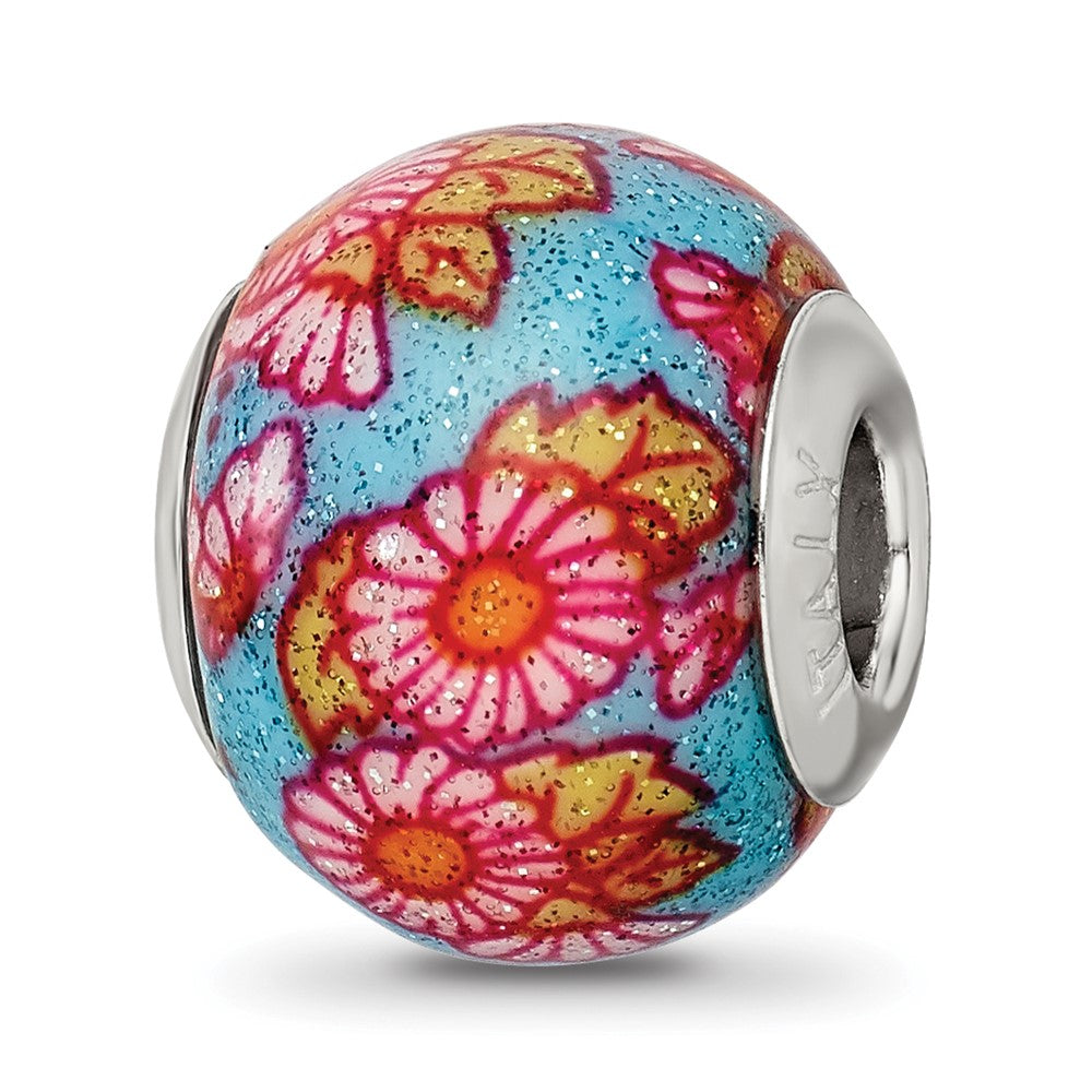 Sterling Silver Reflections Italian Multicolor Floral Overlay Glass Bead, 12.73 x 10 mm