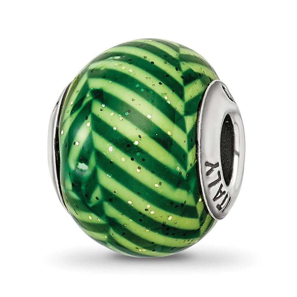 Sterling Silver Reflections Italian Green Stripes w/Glitter Glass Bead, 12.73 x 10.91 mm