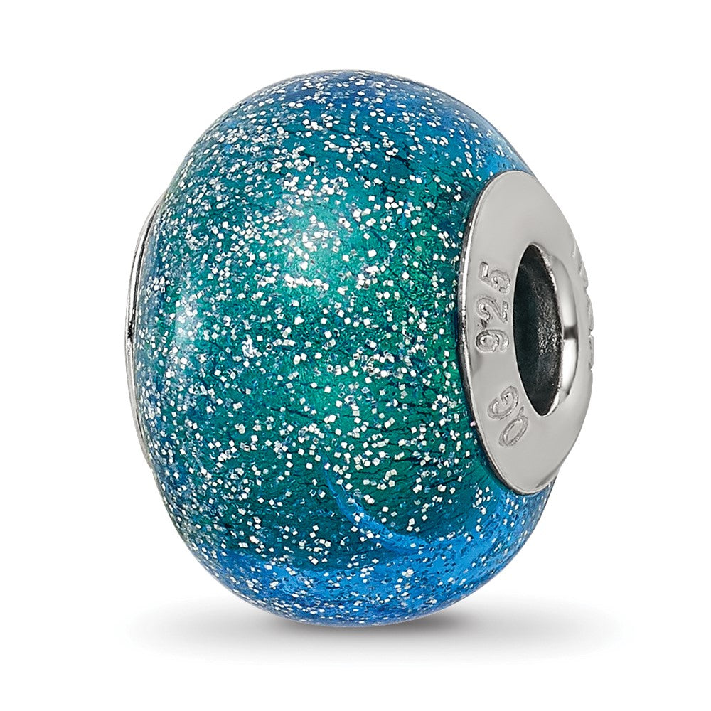 Sterling Silver Reflections Italian Blue & Teal w/Silver Glitter Glass Bead, 13.64 x 10.91 mm