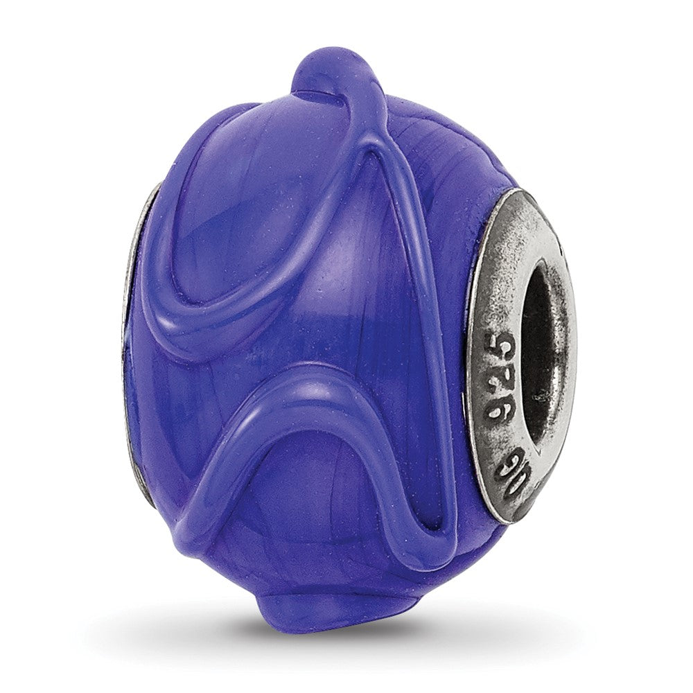 Sterling Silver Reflections Italian Dark Blue w/Textured Lines Glass Bead, 13.64 x 14.55 mm