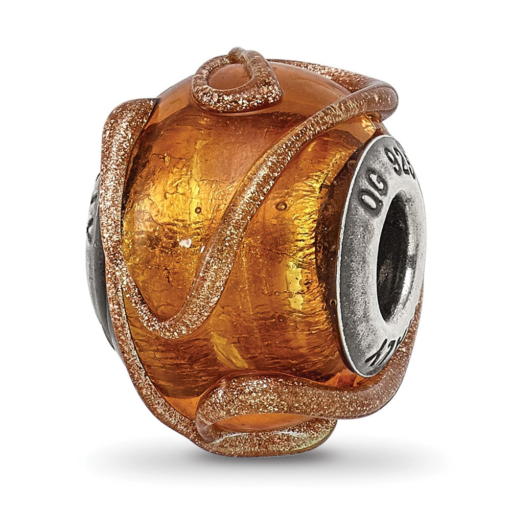 Sterling Silver Reflections Italian Brown w/Textured Lines Glass Bead, 13.64 x 10.91 mm
