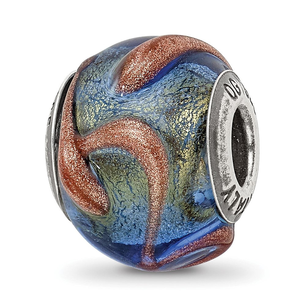 Sterling Silver Reflections Italian Blue/Green Textured Glass Bead, 13.64 x 10.91 mm