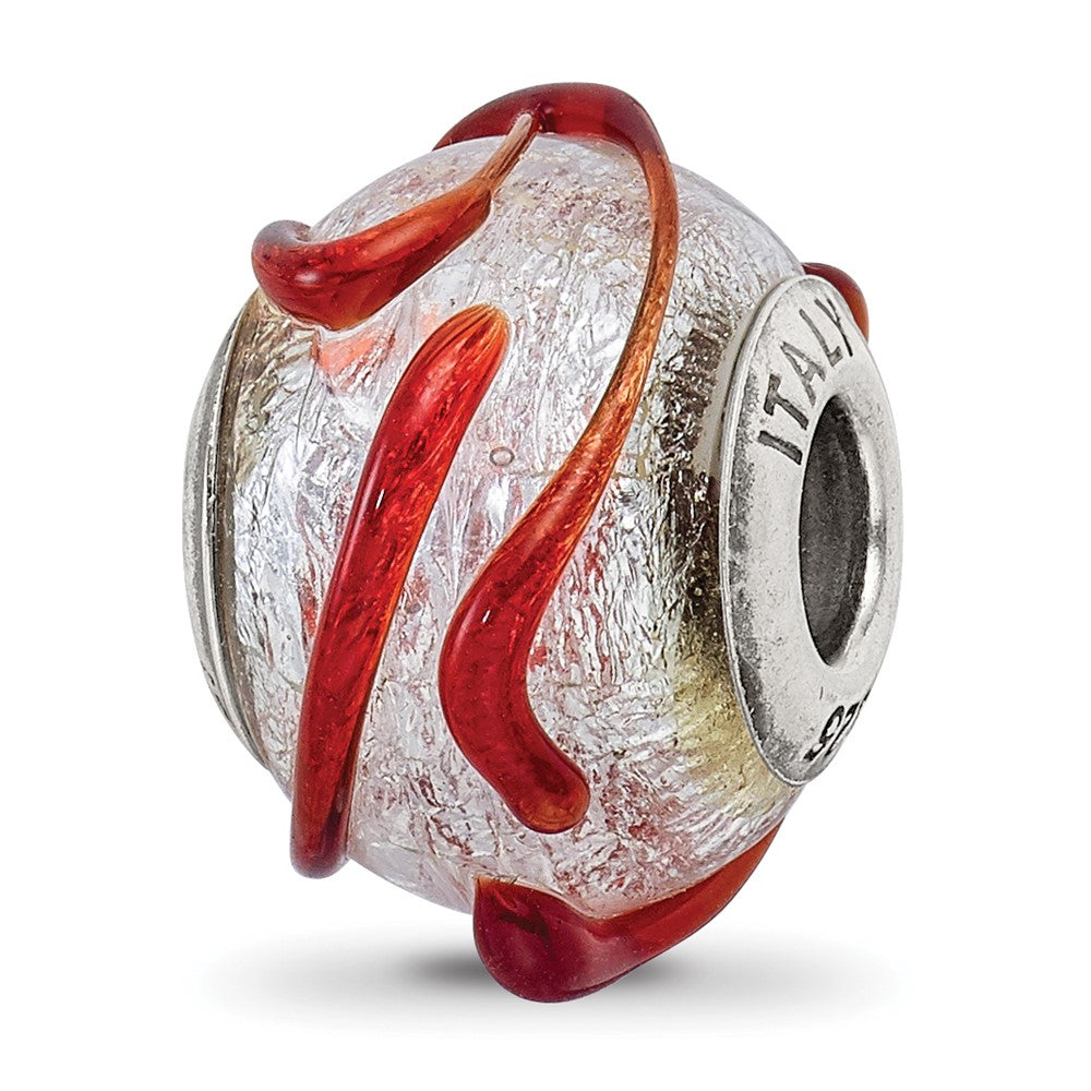 Sterling Silver Reflections Italian Silver w/Brown Textured Line Glass Bead, 14.55 x 10.91 mm