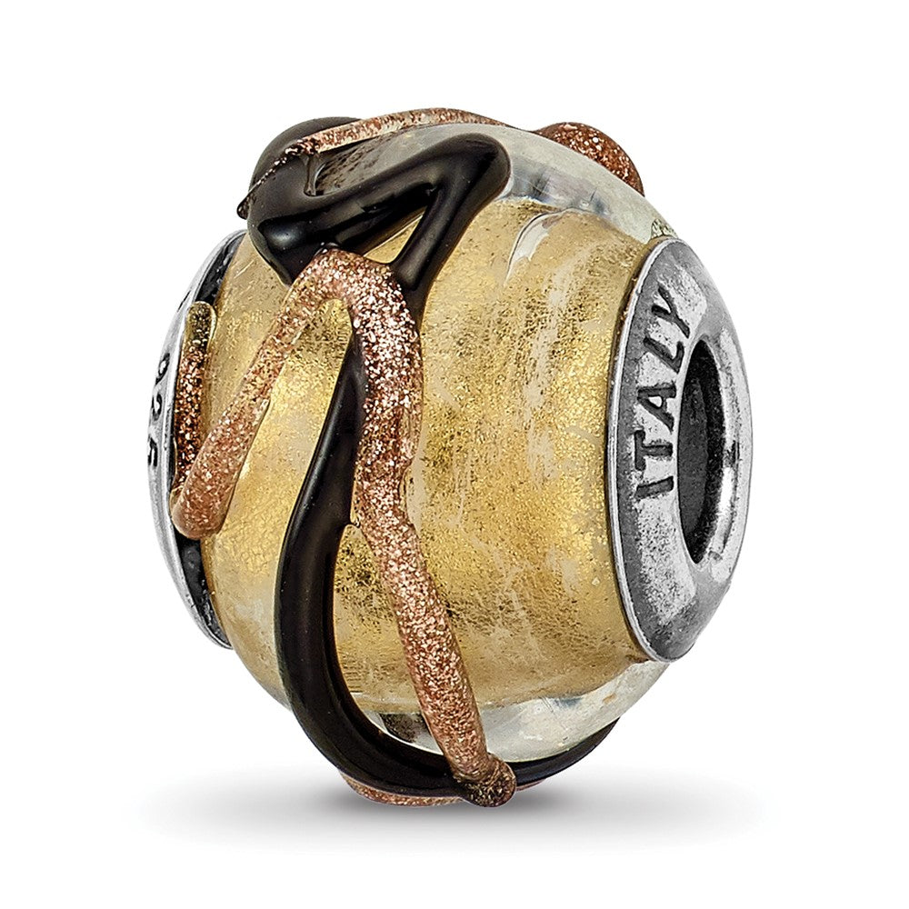 Sterling Silver Reflections Italian Yellow/Black/Brown Lines Glass Bead, 13.64 x 10.91 mm