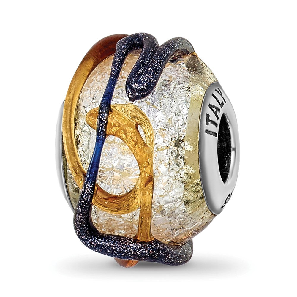 Sterling Silver Reflections Italian Silver Blue/Brown Textured Glass Bead, 14.55 x 10.91 mm