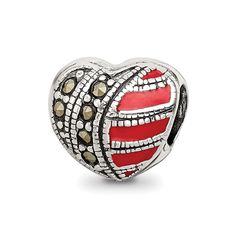 Sterling Silver Reflections Marcasite & Enameled Heart Bead, 8.18 x 9.09 mm