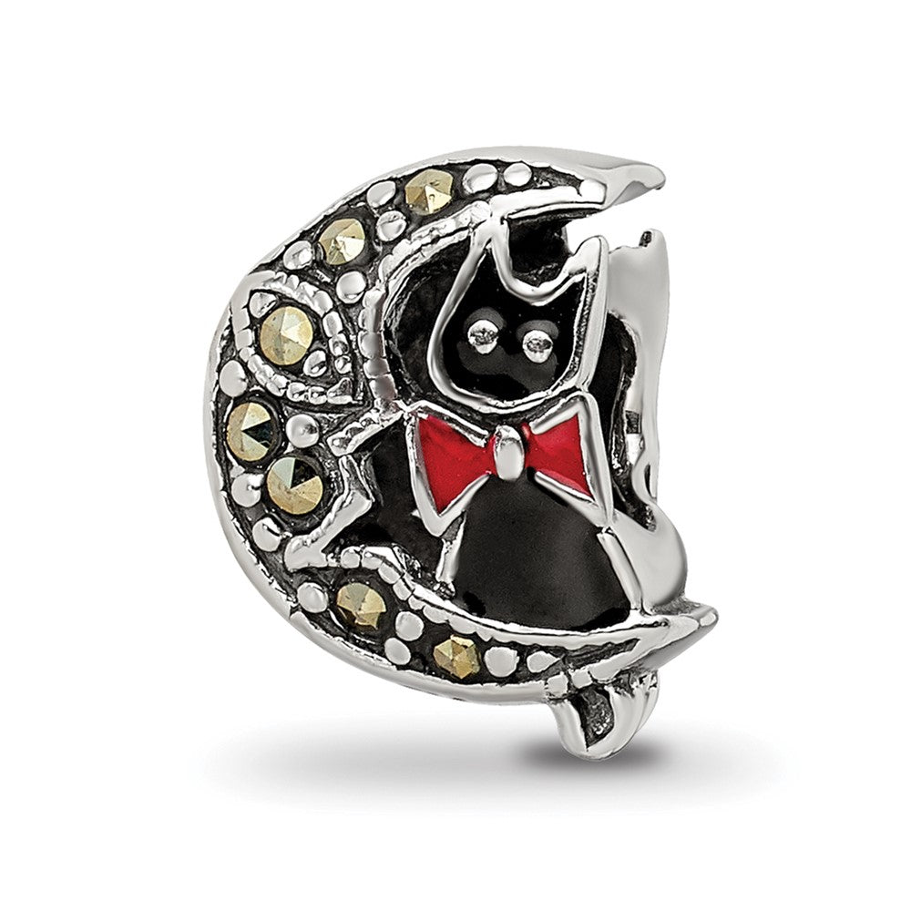 Sterling Silver Reflections Marcasite & Enameled Cat & Moon Bead, 11.82 x 8.18 mm