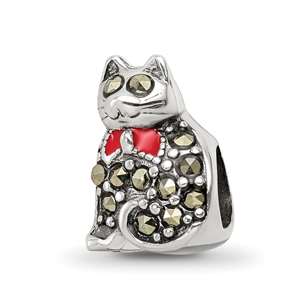 Sterling Silver Reflections Marcasite & Enameled Cat Bead, 10.91 x 7.27 mm