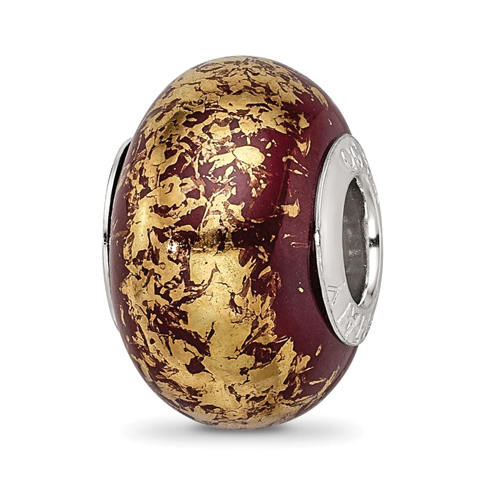 Sterling Silver Reflections Brown w/Gold Foil Ceramic Bead, 13.64 x 9.09 mm