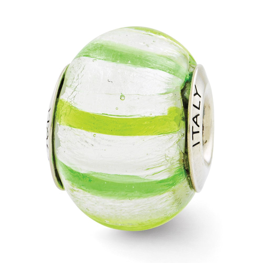 Sterling Silver Reflections Light/Dark Green Italian Murano Glass Bead, 13.64 x 10 mm