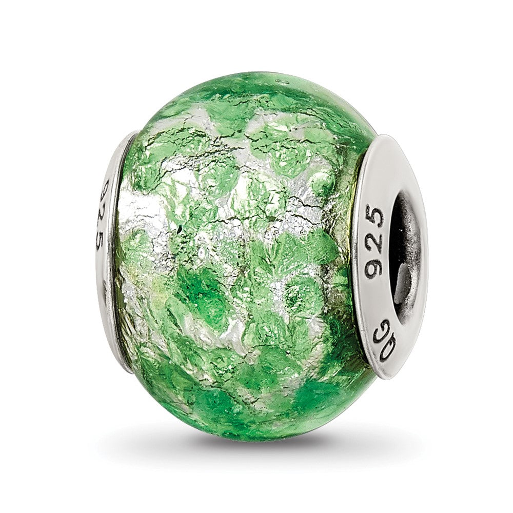 Sterling Silver Reflections Green/White Italian Murano Glass Bead, 13.64 x 10 mm, 2.43 g