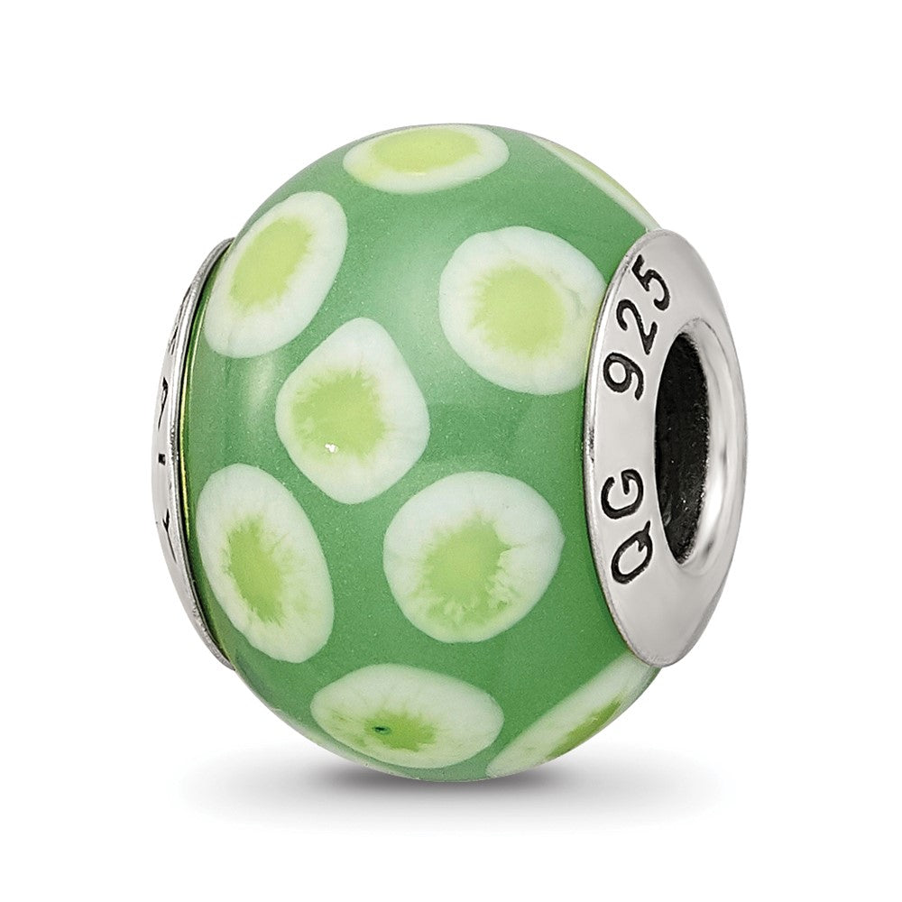 Sterling Silver Reflections Green/White Italian Murano Glass Bead, 13.64 x 10 mm, 2.25 g