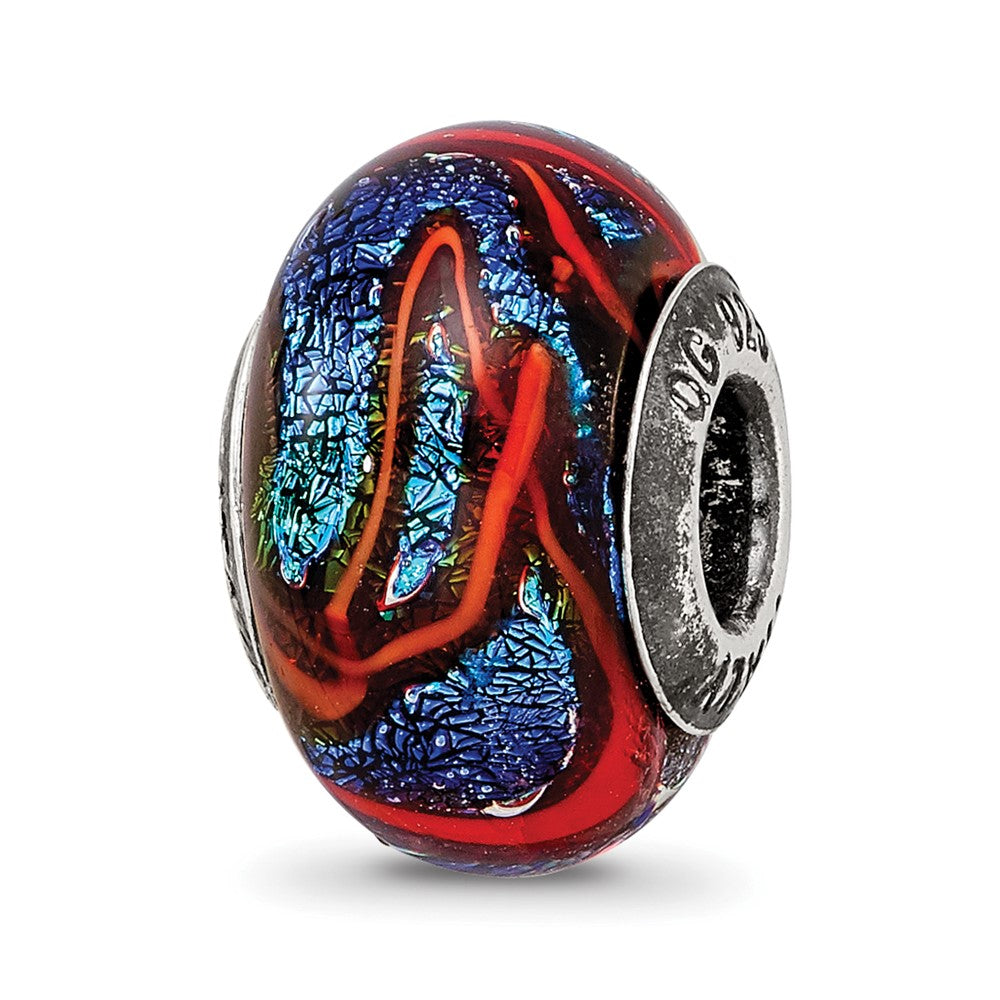 Sterling Silver Reflections Blue w/Orange Swirls Glass Bead, 12.73 x 9.09 mm