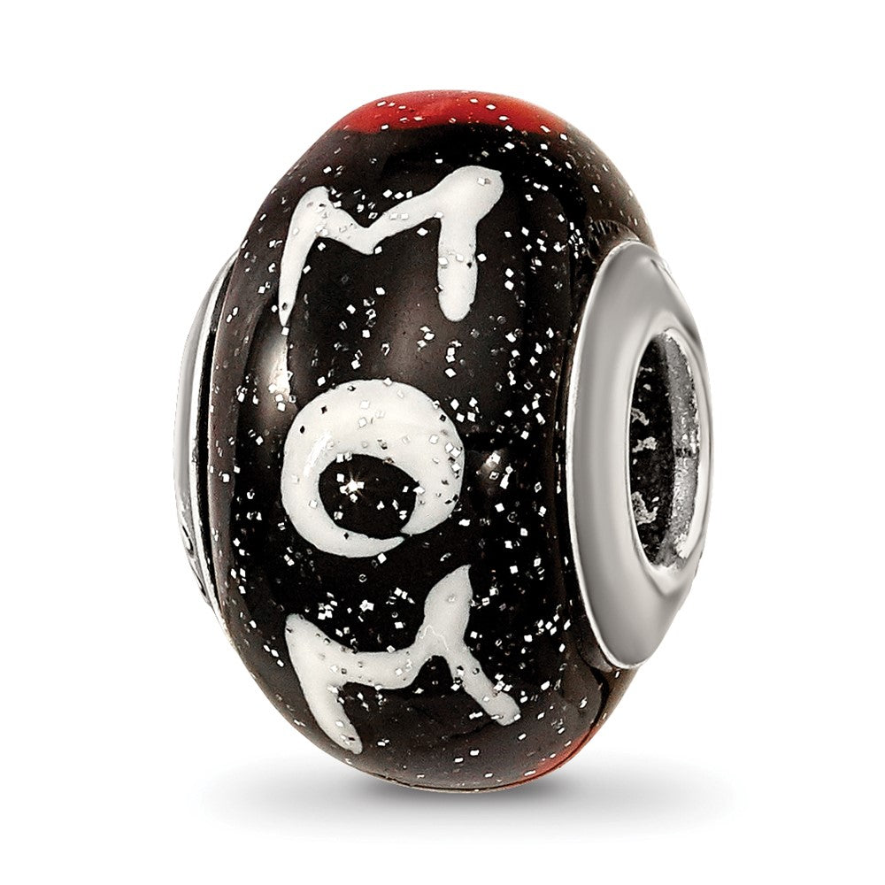 Sterling Silver Reflections Mom w/Hearts Black Italian Glass Bead, 14.55 x 10 mm