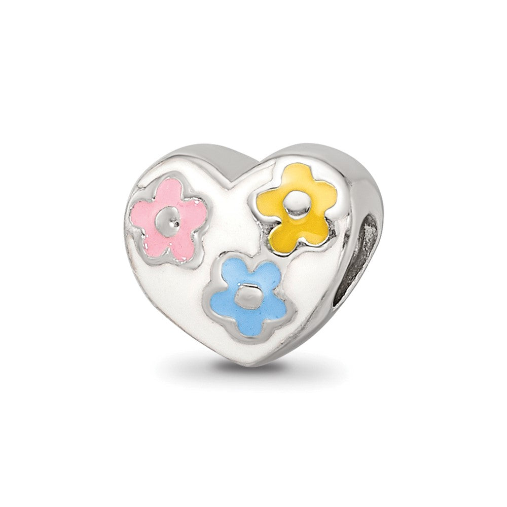 Sterling Silver Reflections Kids Enameled Heart w/Flowers Bead, 7.27 x 8.18 mm