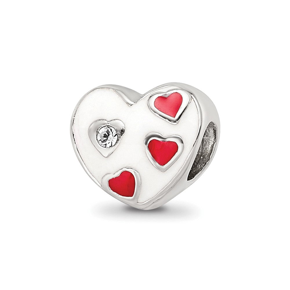 Kids Collection Sterling Silver Crystal and Enameled White Heart with Red Hearts Reflections Bead, 7.27 x 8.18 mm