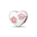 Kids Collection Sterling Silver Enameled White Heart with Pink Flowers Reflections Bead, 7.27 x 8.18 mm