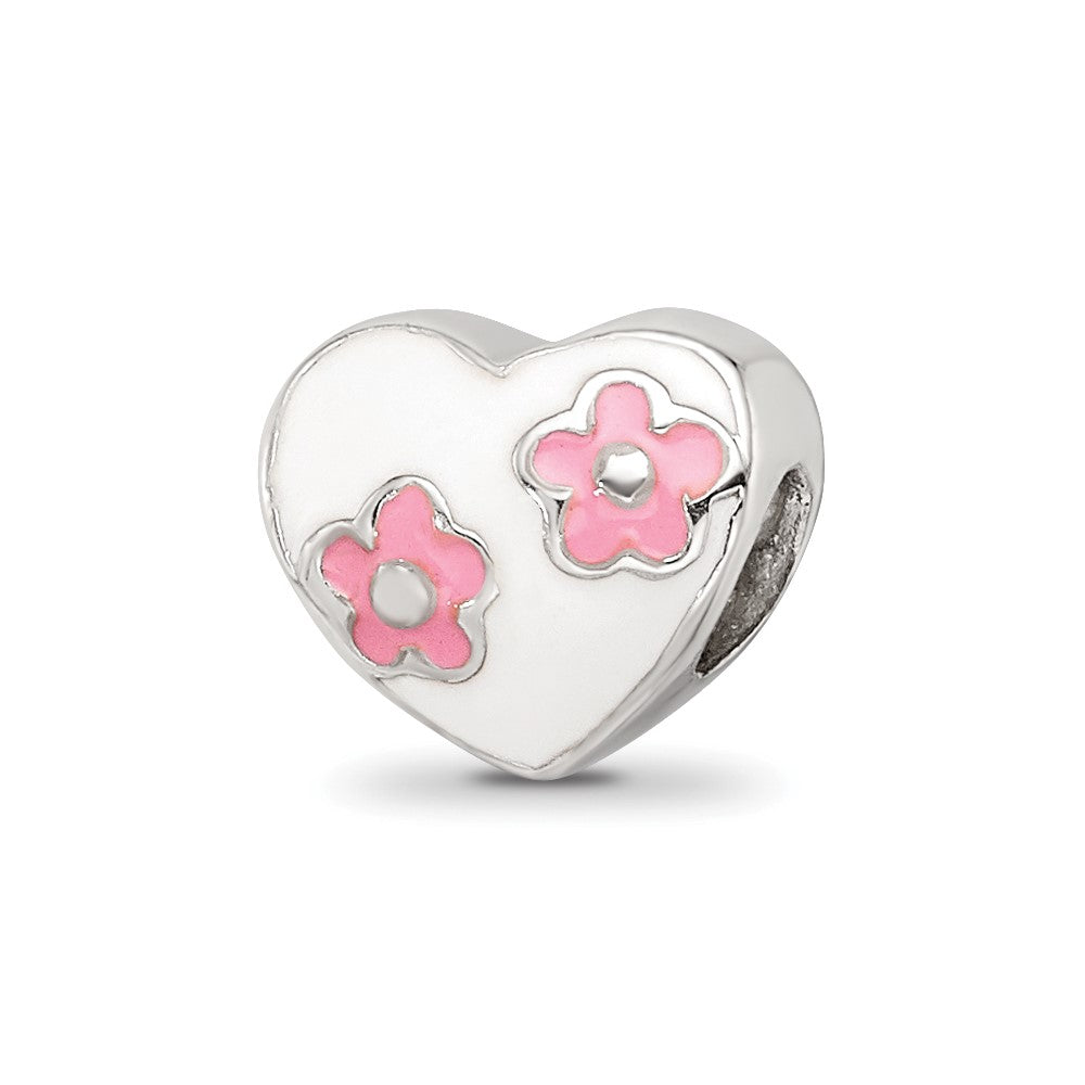 Kids Collection Sterling Silver Enameled White Heart with Pink Flowers Reflections Bead, 7.27 x 8.18 mm