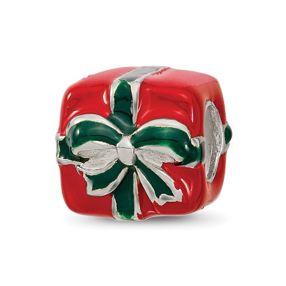 Sterling Silver Reflections Green & Red Enameled Present Bead, 9.09 x 9.09 mm
