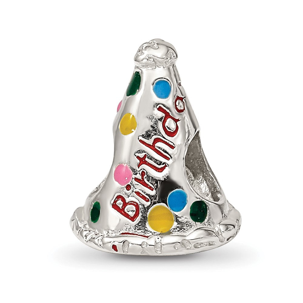 Sterling Silver Reflections Enameled Happy Birthday Hat Bead, 12.73 x 10 mm