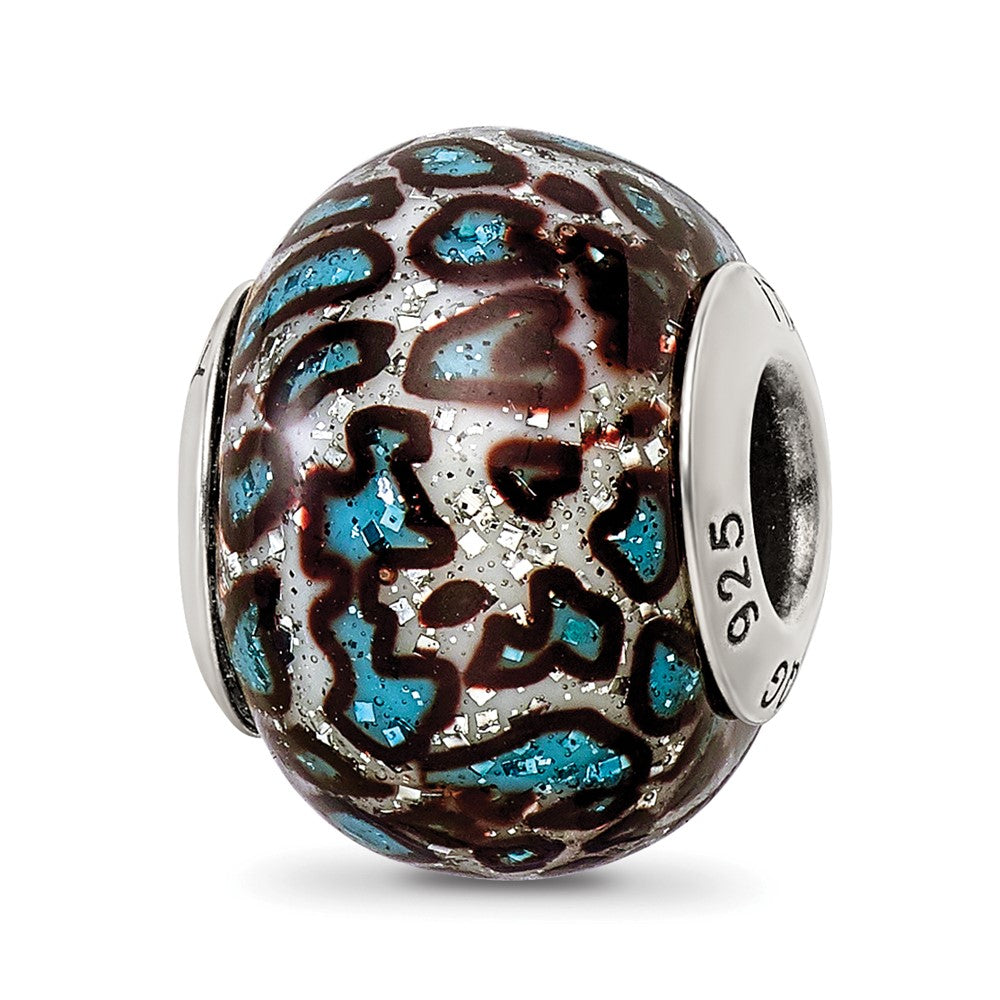 Sterling Silver Reflection Teal Print Overlay Italian Glass Bead, 13.64 x 10 mm
