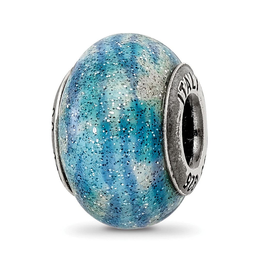 Sterling Silver Reflection Blue w/Glitter Overlay Italian Bead, 13.64 x 10 mm