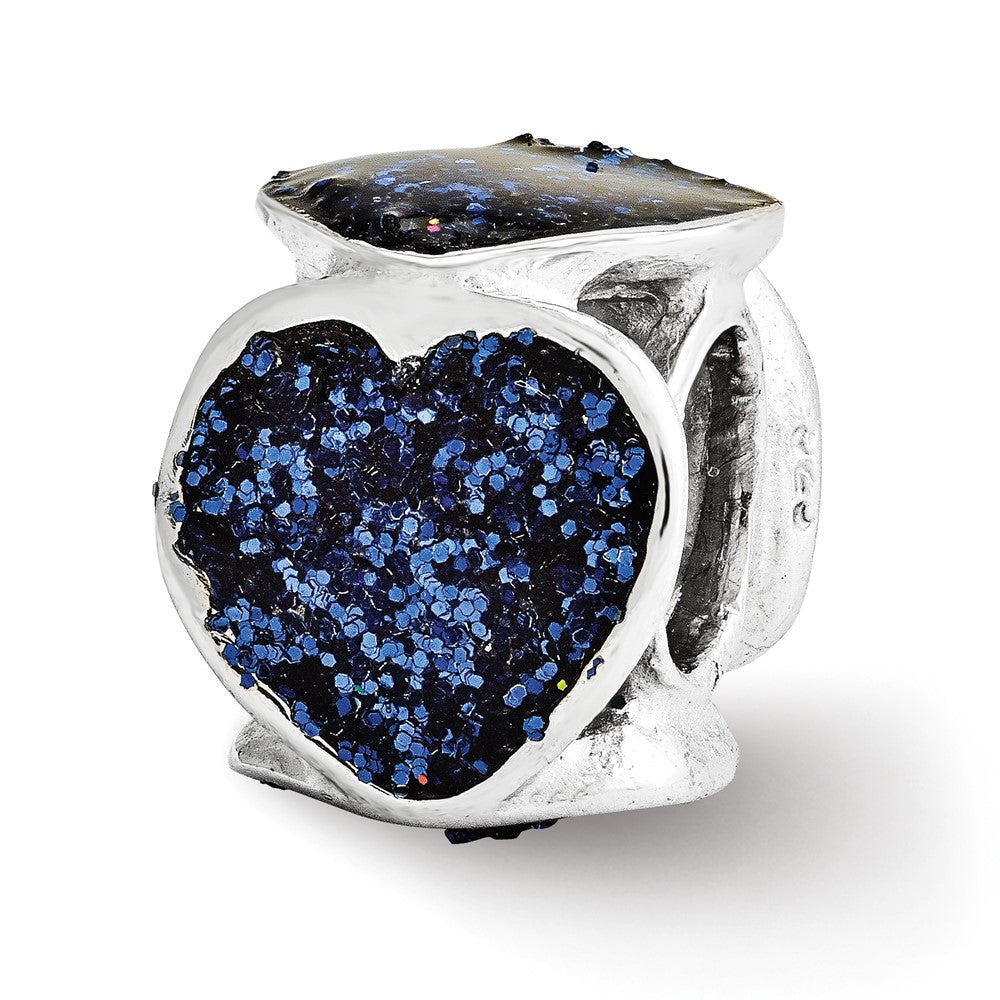Sterling Silver Reflections Blue Glitter Enameled Heart Bead, 10.91 x 9.09 mm