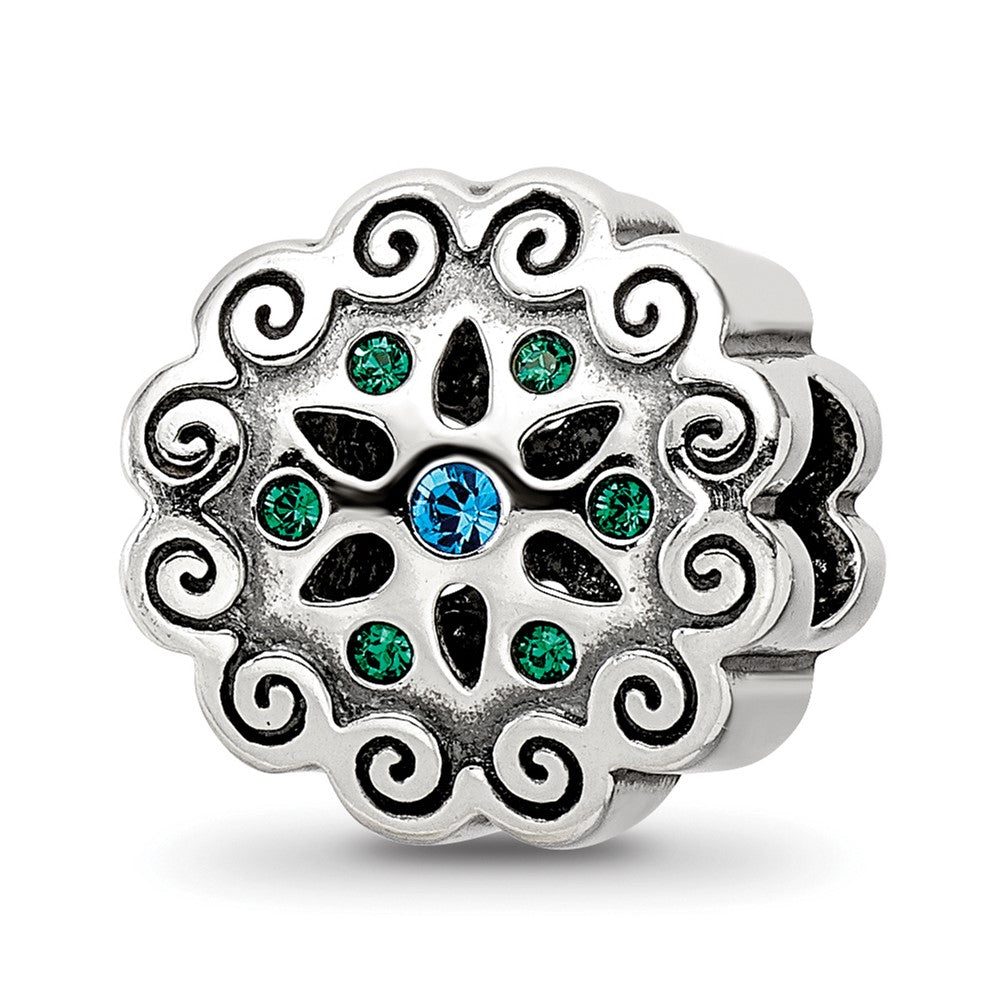 Sterling Silver Reflections Blue/Green Crystals Flower Bead, 11.82 x 11.82 mm